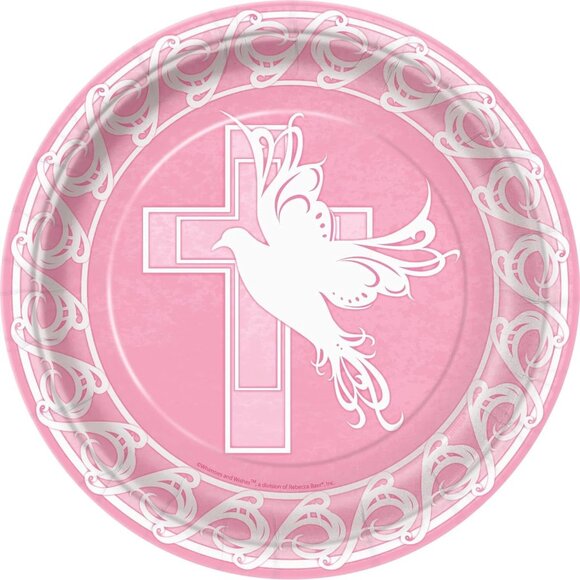 Pink Religious Dove Cross Round Dinner Paper Plates Communion Supplies 8 Count - Picture 2 of 2